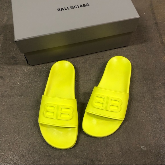 Balenciaga Shoes - Balenciaga BB Pool Slides Lime Rubber Logo